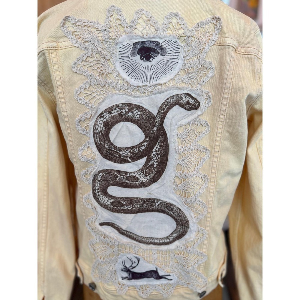 Upcycled Cream Denim Jacket –Snake +Sacred Eye Patch– Vintage Lace Folk Art –Med